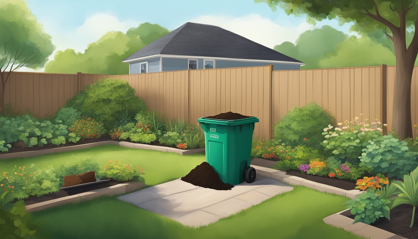 A backyard in Pearland, Texas with a compost bin, shovel, and various organic materials being layered inside. Greenery and a suburban landscape in the background