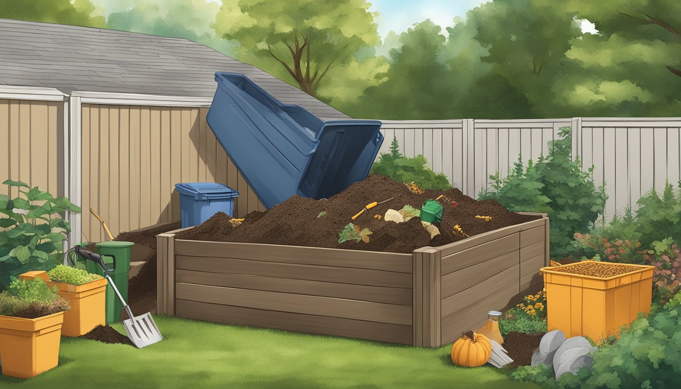 A backyard in Newport News, VA with a compost bin, garden tools, and a variety of organic waste materials being added to the compost pile