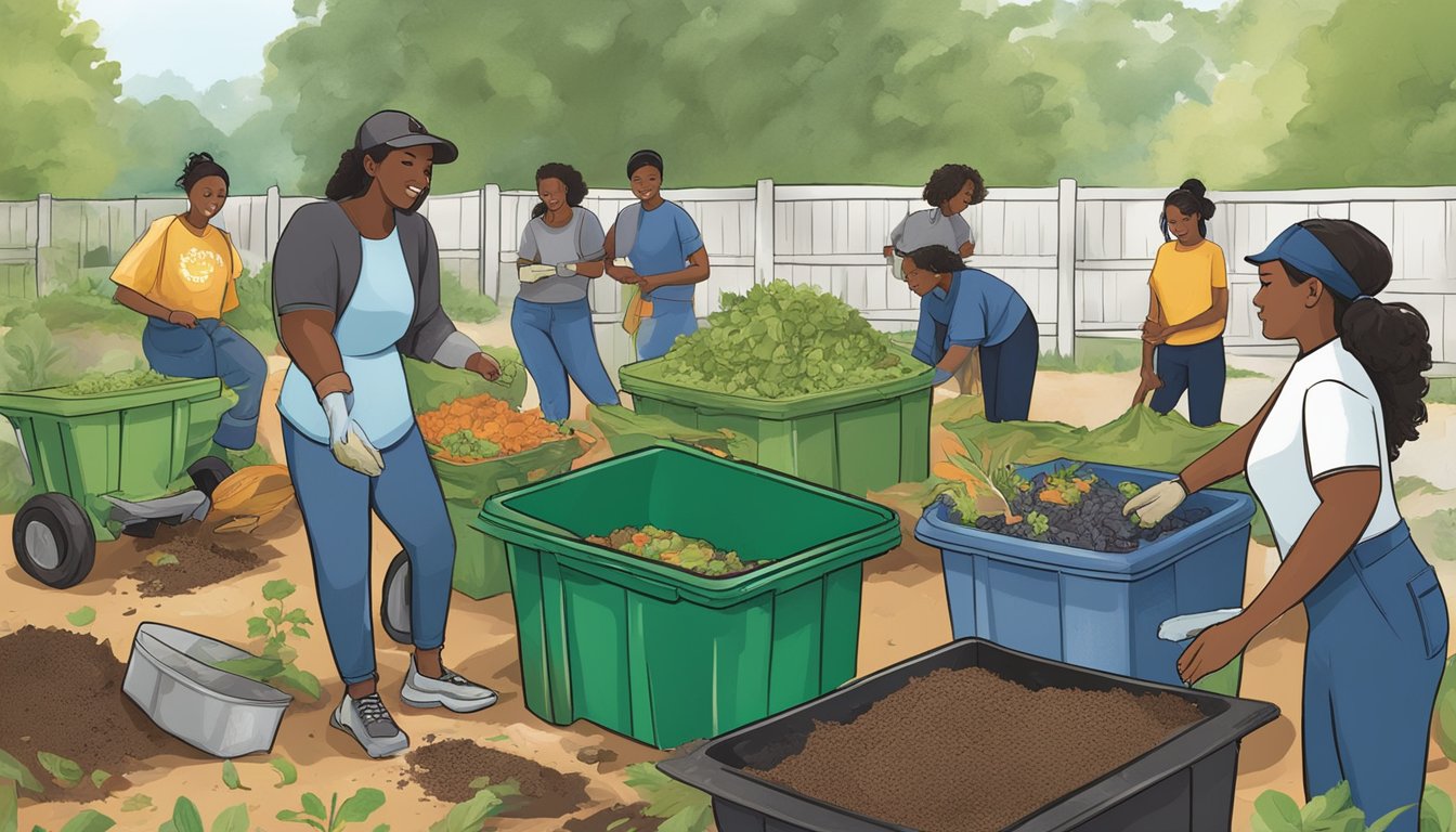 A group of people in Newport News, VA, are working together to compost organic waste in a community initiative. They are sorting through food scraps, yard waste, and other biodegradable materials to create nutrient-rich compost for gardening and agriculture