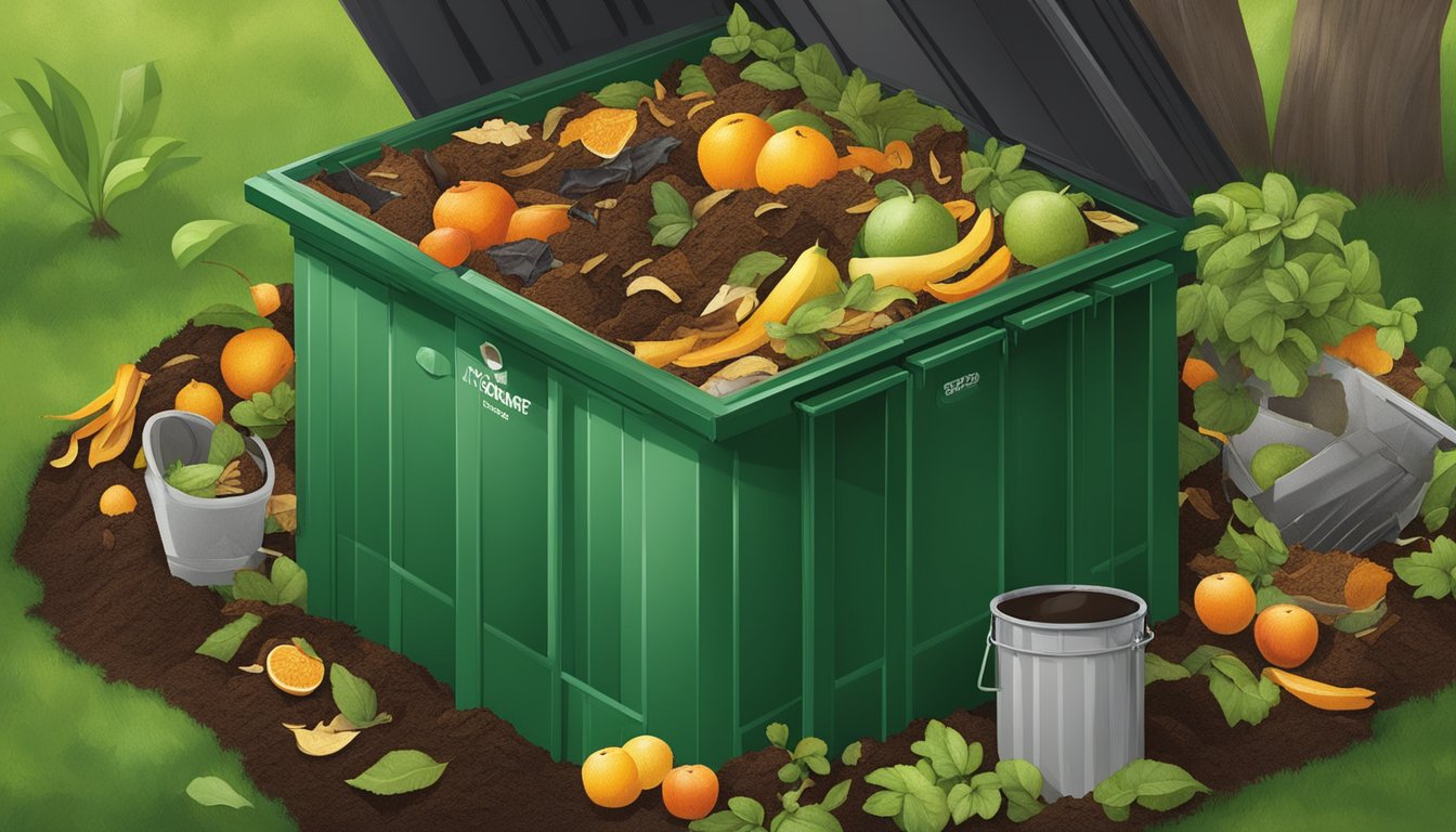 A backyard composting bin surrounded by a variety of organic waste, including fruit peels, coffee grounds, and yard clippings