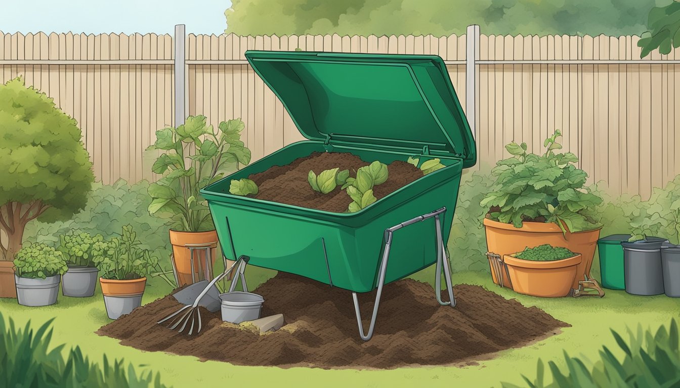 A person adding kitchen scraps to a compost bin in a backyard garden. A guidebook and gardening tools are nearby