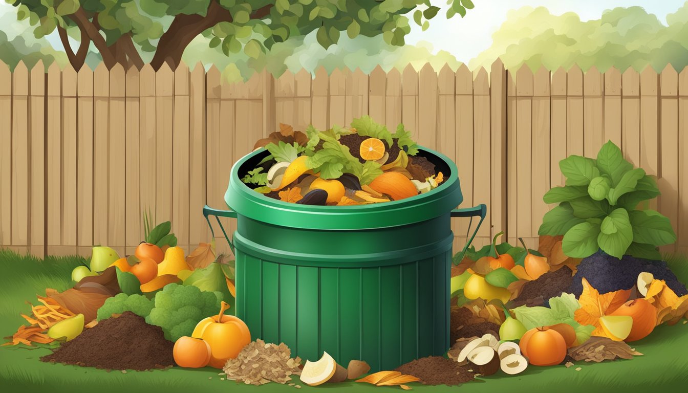 A backyard compost bin surrounded by a variety of organic waste, including fruit peels, vegetable scraps, and dry leaves