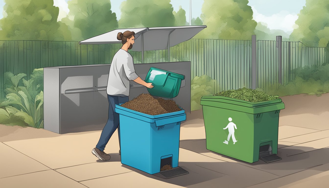 A person placing non-compostable waste into a designated bin, while nearby a composting area with labeled bins for different types of organic waste