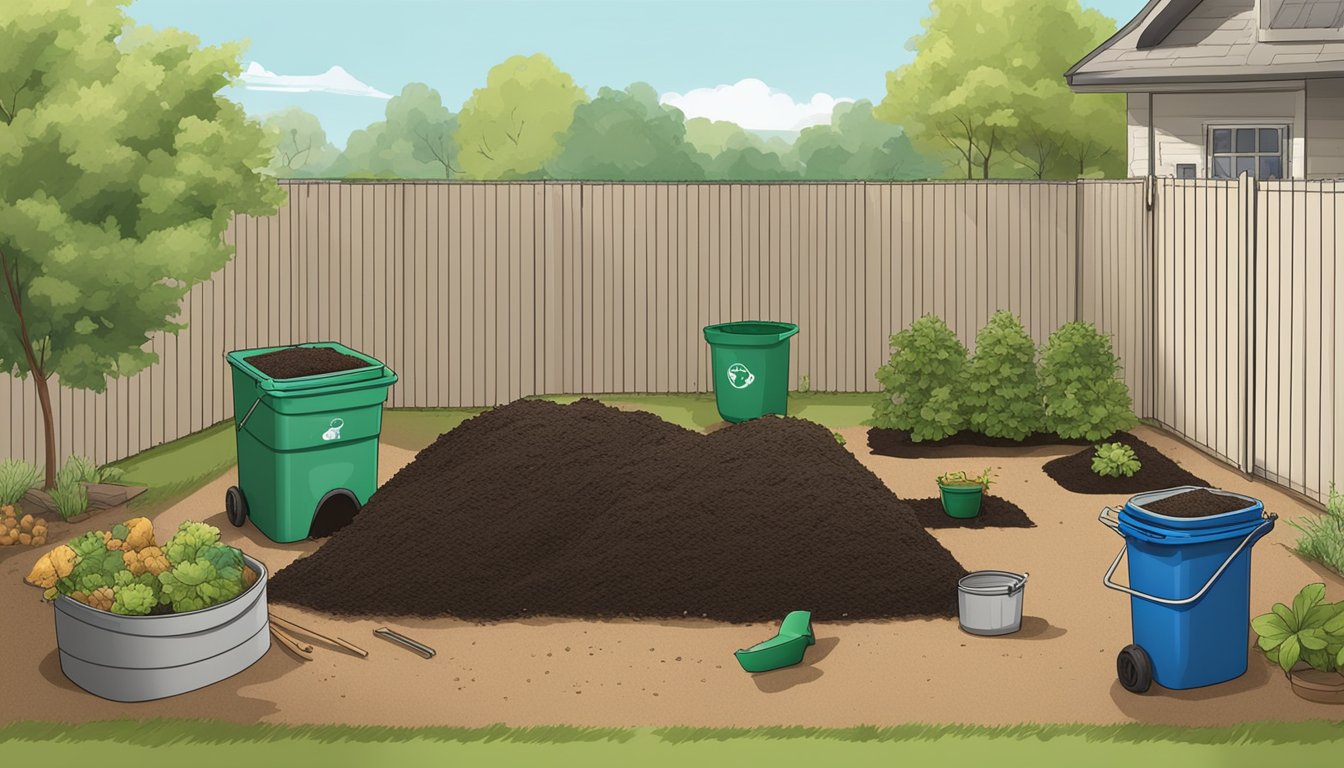 A backyard in Wichita Falls, TX with a compost bin, shovel, and various organic materials spread out for setting up a compost pile