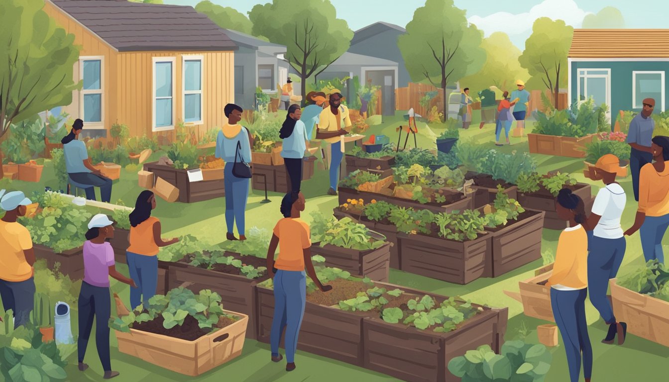 A group of people gather in a community garden, learning about composting. They are surrounded by bins, tools, and piles of organic material