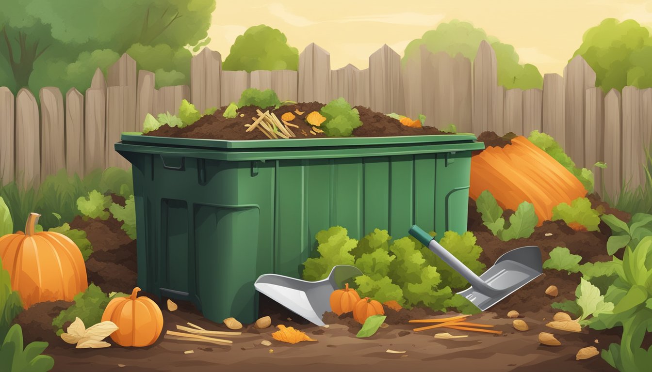 A backyard compost bin surrounded by various organic waste materials and a shovel