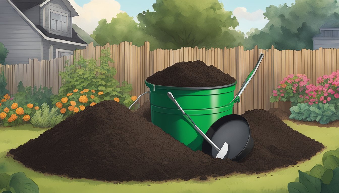 A pile of rich, dark compost surrounded by gardening tools and a compost bin in a backyard in Wichita Falls, TX