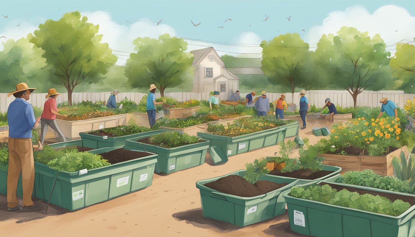 A bustling community garden with diverse composting bins and volunteers tending to the organic waste in Wichita Falls, TX