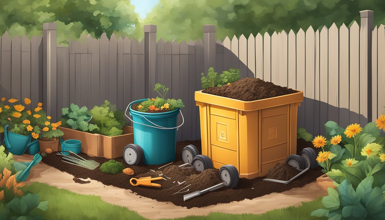 A backyard compost bin surrounded by various organic waste materials and gardening tools in Wichita Falls, TX