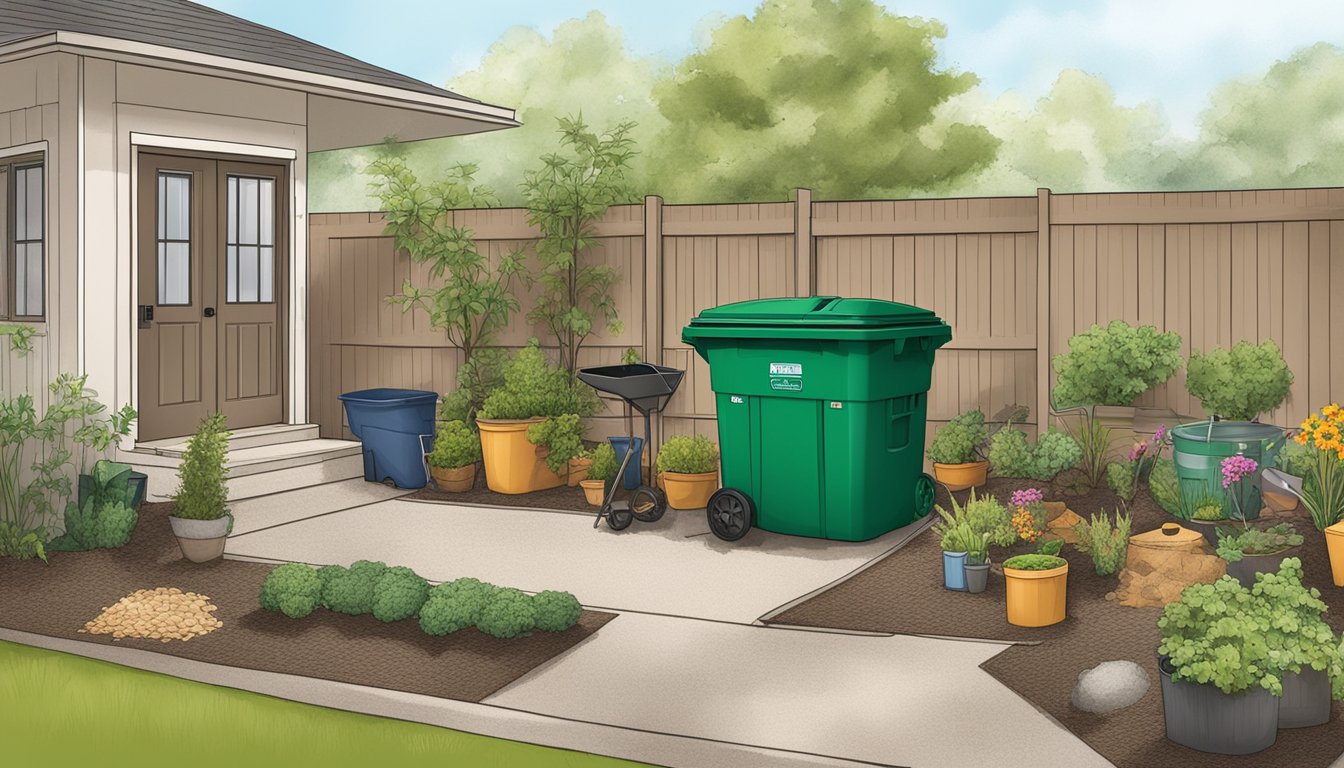 A backyard in Round Rock, TX with a compost bin, garden tools, and various organic waste materials being added to the bin