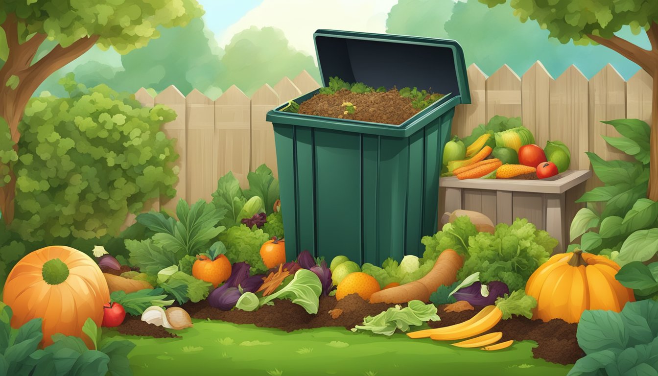 A backyard compost bin surrounded by a variety of organic waste, including fruit and vegetable scraps, leaves, and grass clippings