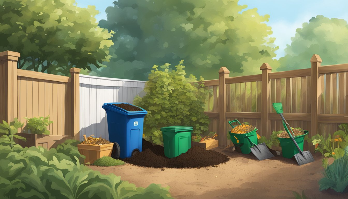 A backyard in Virginia Beach with a compost bin, garden tools, and a variety of organic waste materials being added to the compost pile