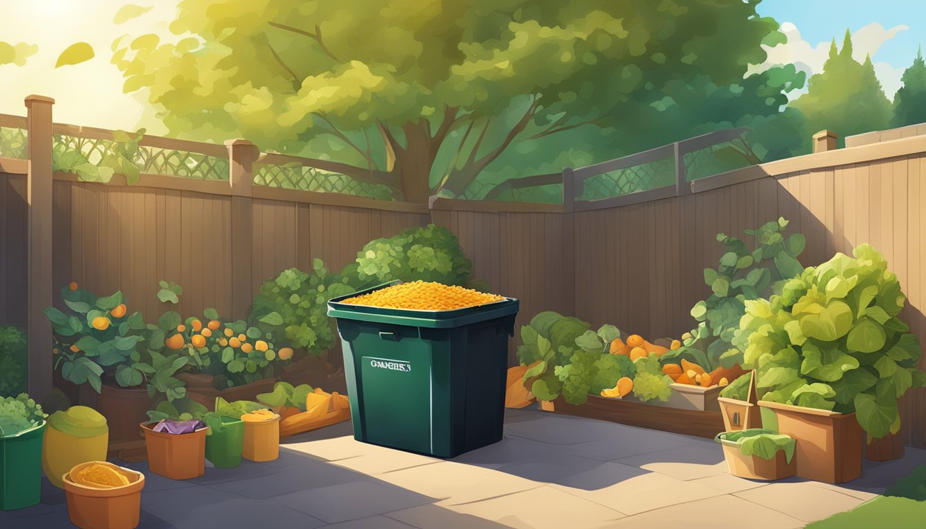 A backyard with a compost bin surrounded by a variety of organic materials such as fruit peels, vegetable scraps, and yard waste. The sun is shining, and there are trees and plants in the background