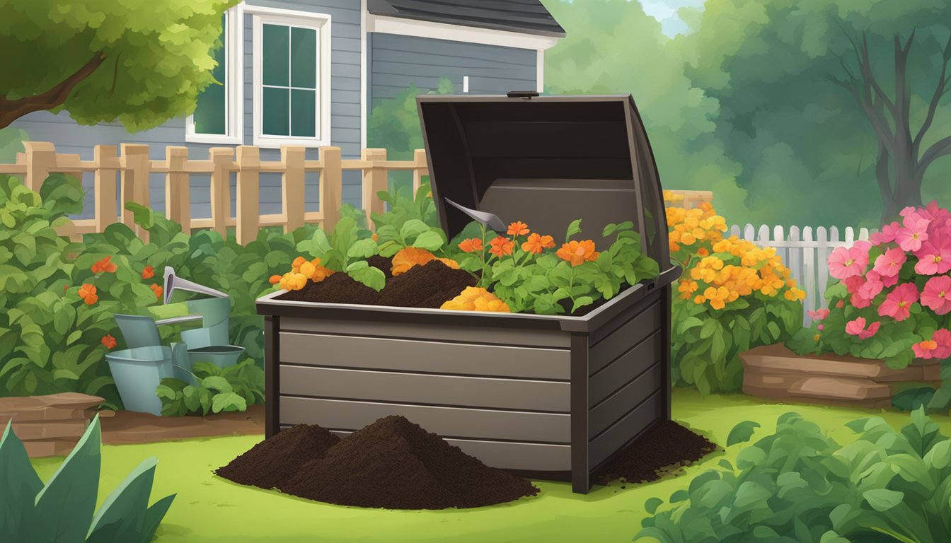 A backyard compost bin surrounded by a lush garden, with a shovel and a pile of finished compost nearby