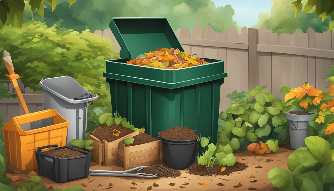 A backyard compost bin surrounded by garden tools, a pile of leaves, and various organic waste materials