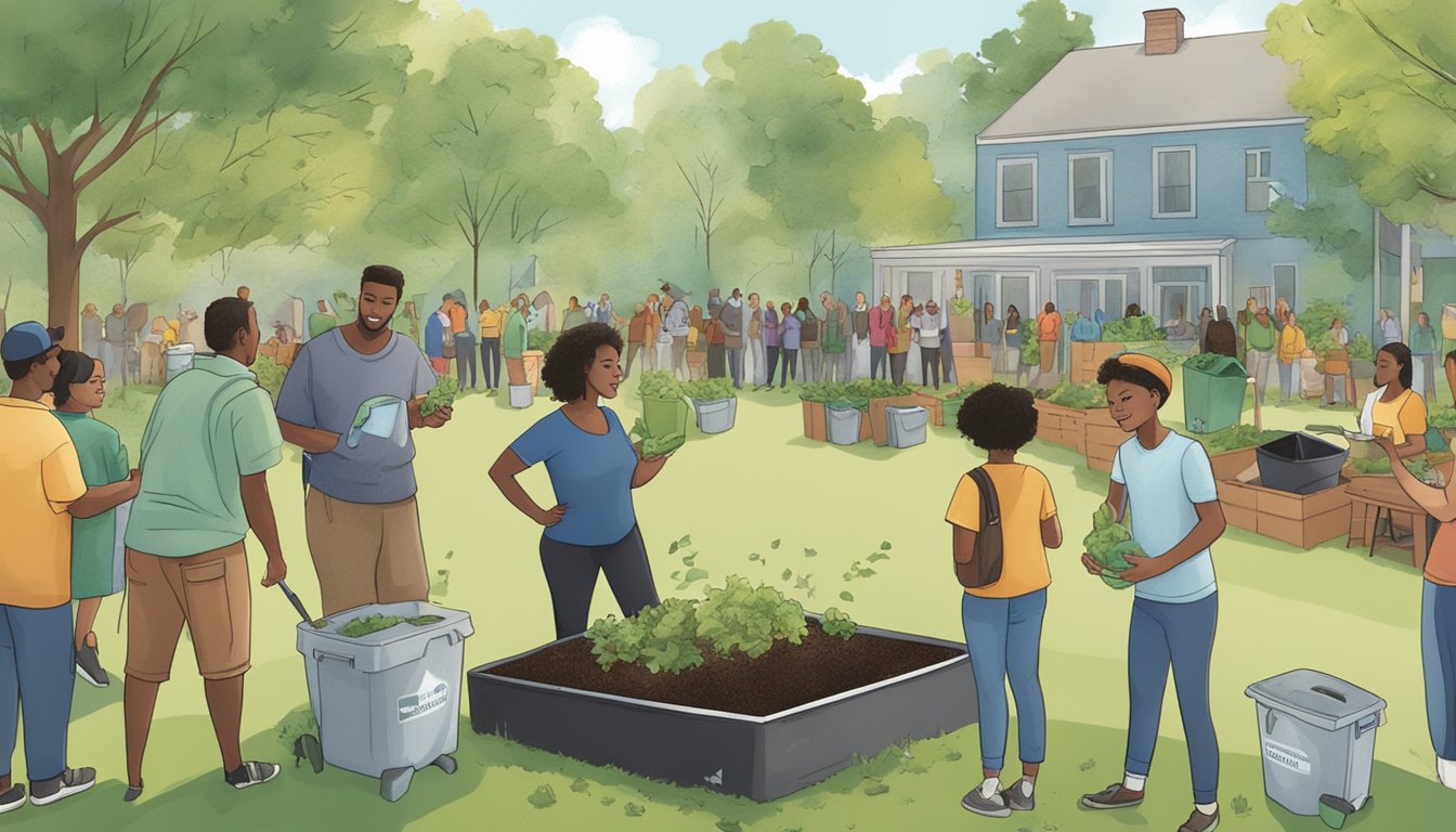 A diverse group of residents gather around a composting demonstration in a park, surrounded by greenery and recycling bins