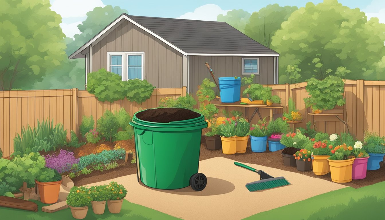 A colorful backyard with a compost bin, gardening tools, and various organic materials scattered around. A guide to composting in Round Rock, TX is open on a table