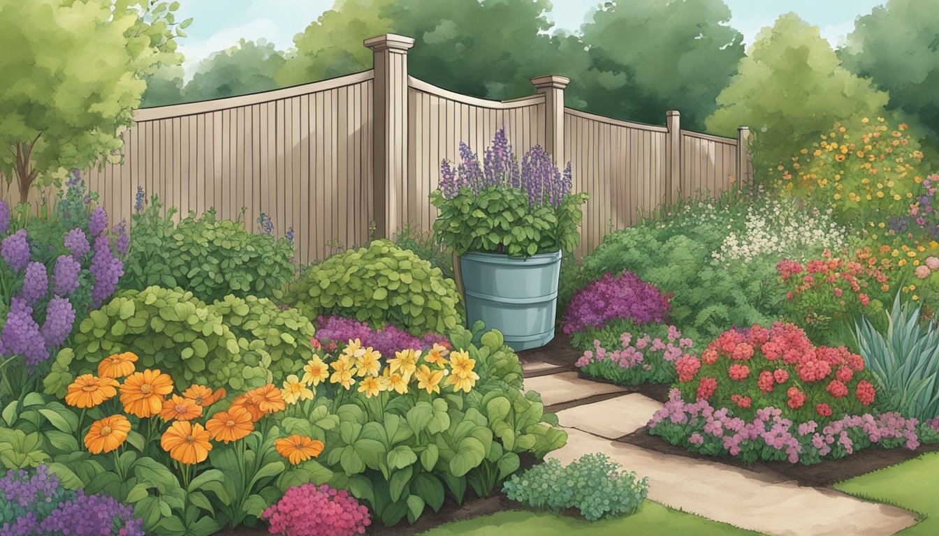 A lush garden with a compost bin, surrounded by a variety of plants and flowers. A sign nearby displays the compost regulations and guidelines for Virginia Beach, VA