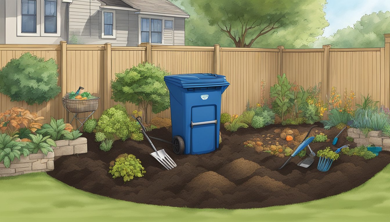 A backyard in Round Rock, TX with a compost bin, garden tools, and a variety of organic waste being added to the compost pile