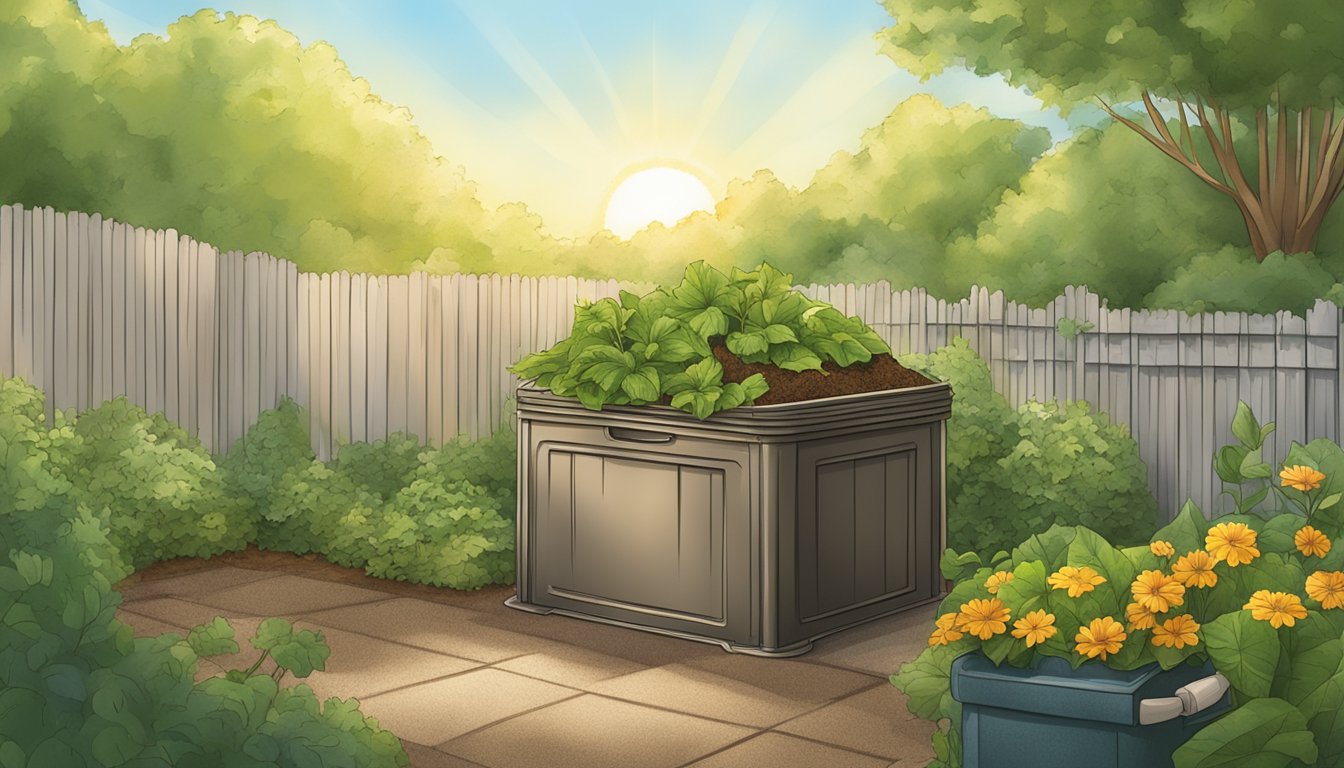 A backyard compost bin surrounded by greenery and a sunny sky in Virginia Beach, VA