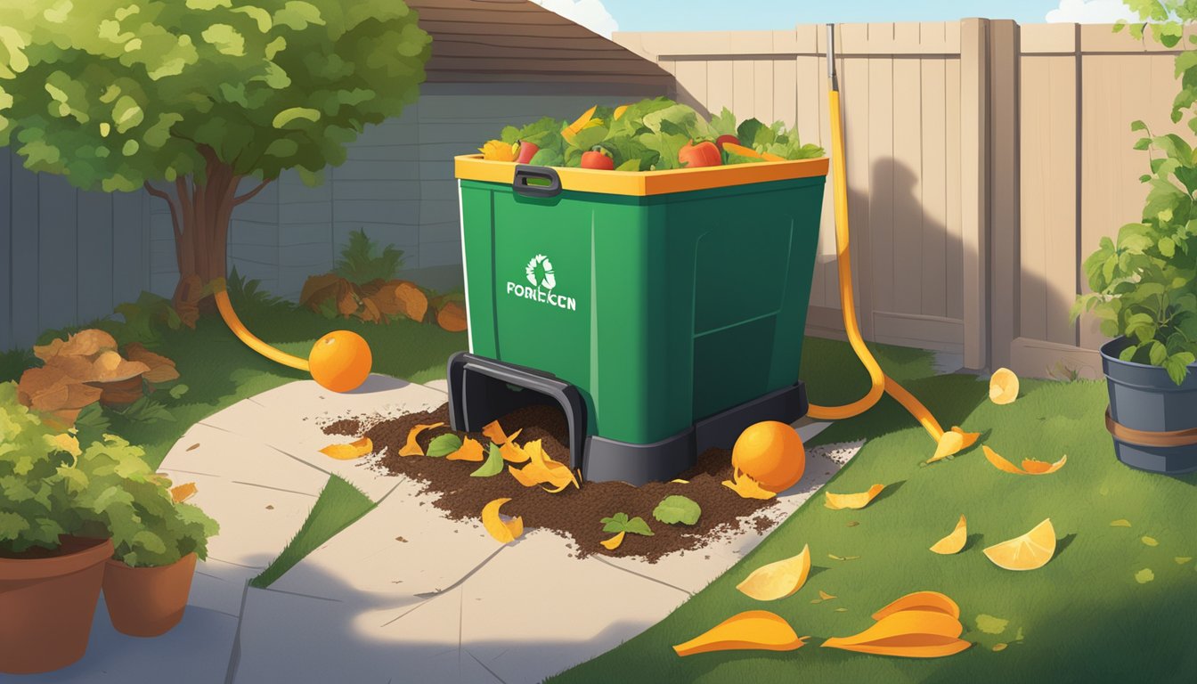 A backyard with a compost bin surrounded by various organic materials like fruit peels, leaves, and grass clippings. The sun is shining, and a garden hose is nearby