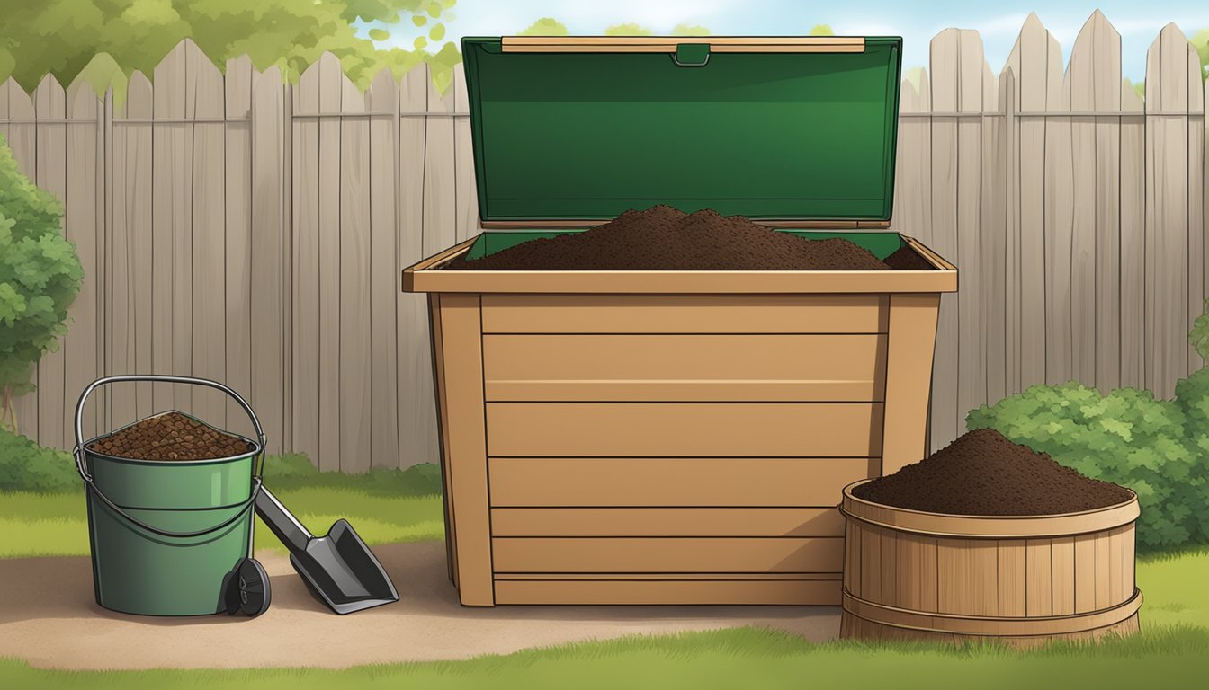 A backyard compost bin with a mix of green and brown materials, a shovel, and a guidebook on a table in a suburban setting