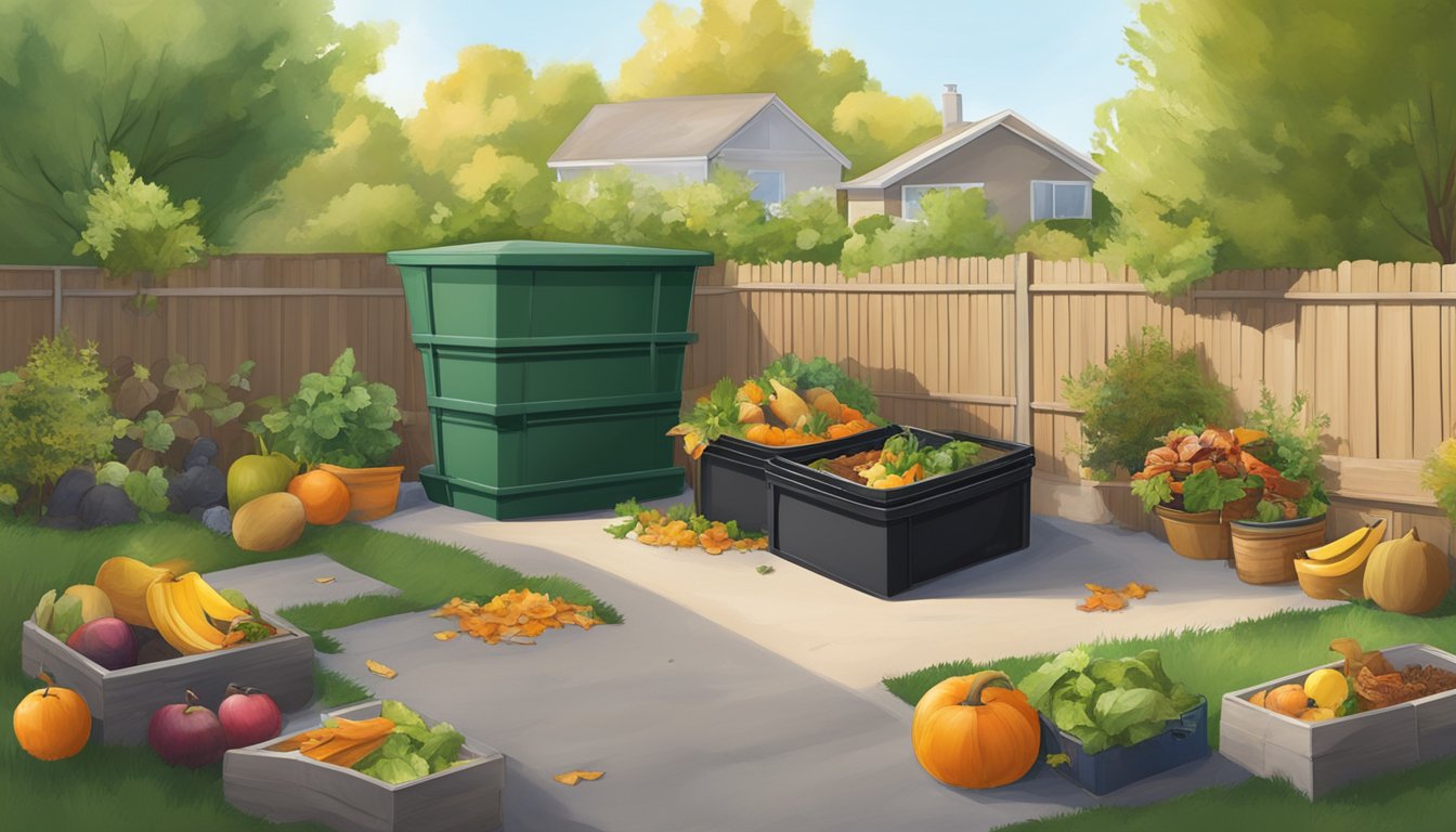 A backyard in West Jordan, Utah with a compost bin surrounded by a variety of organic waste, including fruit peels, vegetable scraps, and yard clippings