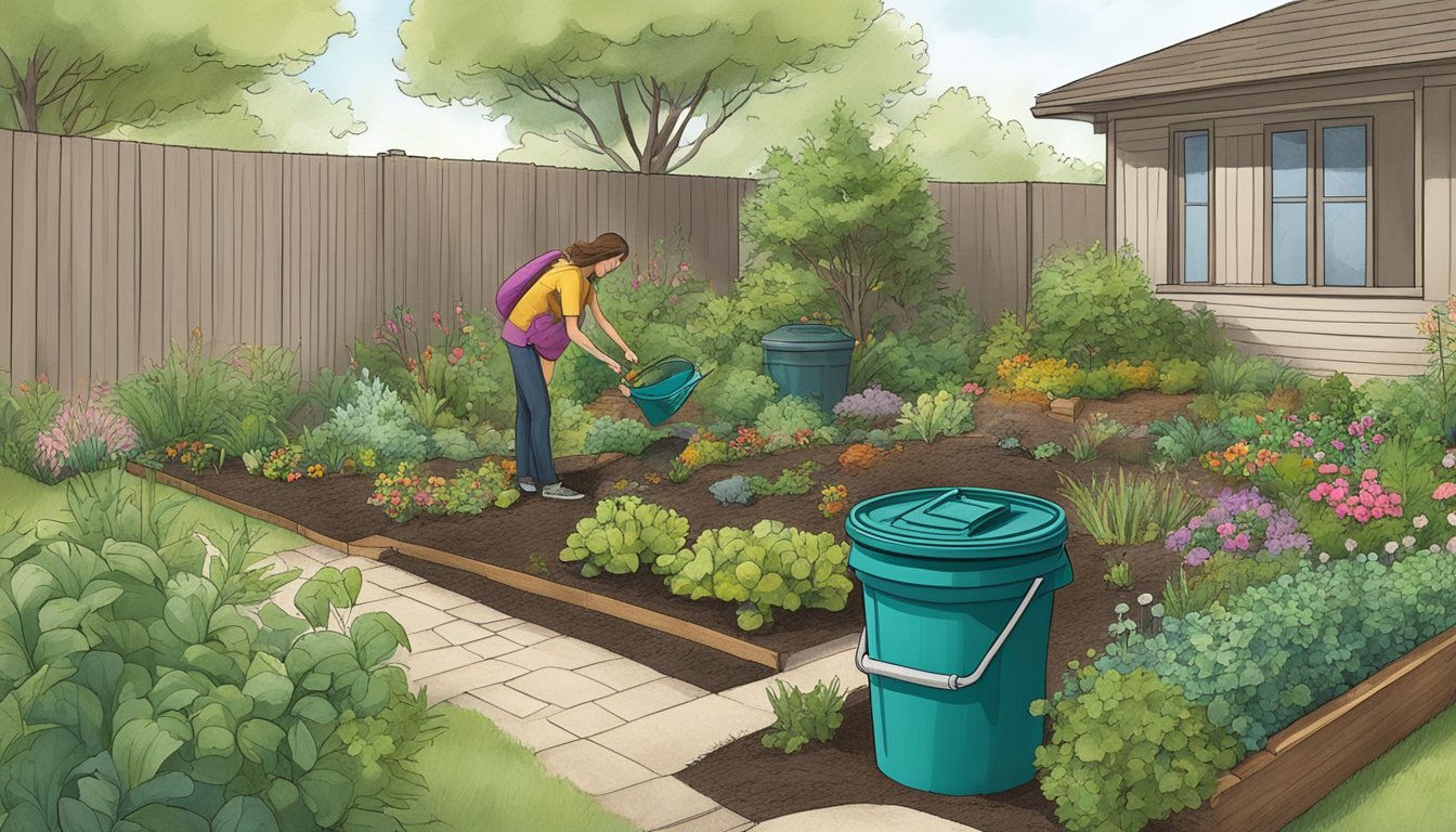 A lush backyard garden in Round Rock, TX with a compost bin, various plant materials, and a person tending to the compost pile