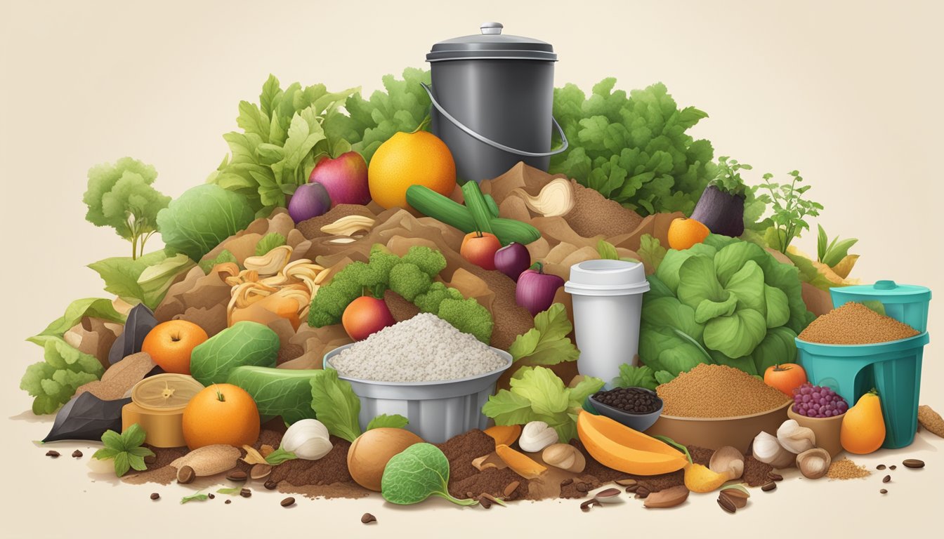 A pile of compostable materials such as fruit and vegetable scraps, coffee grounds, and yard waste, surrounded by items to avoid like meat, dairy, and oily foods