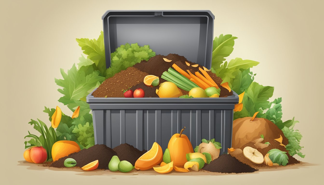 A backyard compost bin surrounded by a variety of common composting materials such as fruit peels, vegetable scraps, and yard waste