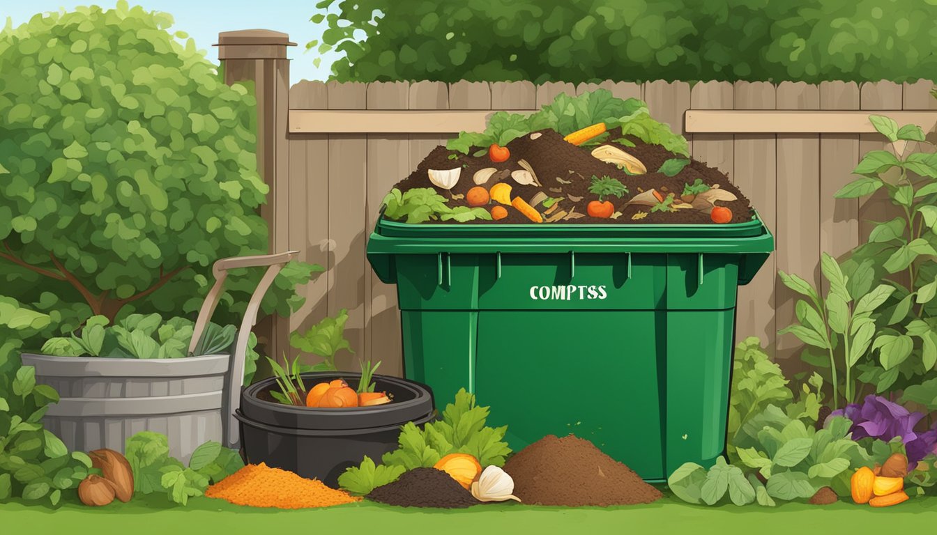 A backyard compost bin surrounded by a lush garden, with a variety of food scraps and yard waste being added to the pile. A small sign nearby indicates the benefits of composting