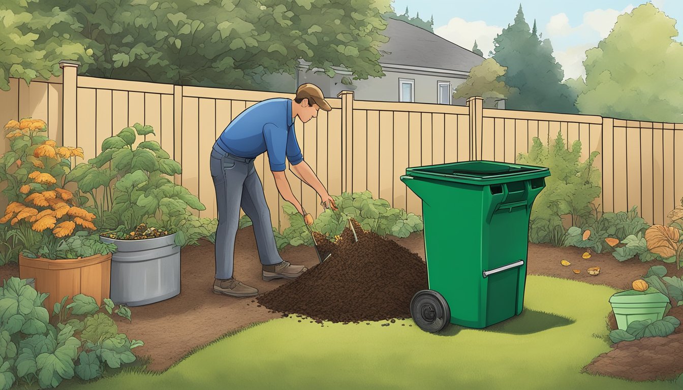 A person placing food scraps, yard waste, and paper into a compost bin in a backyard garden in Kent, WA