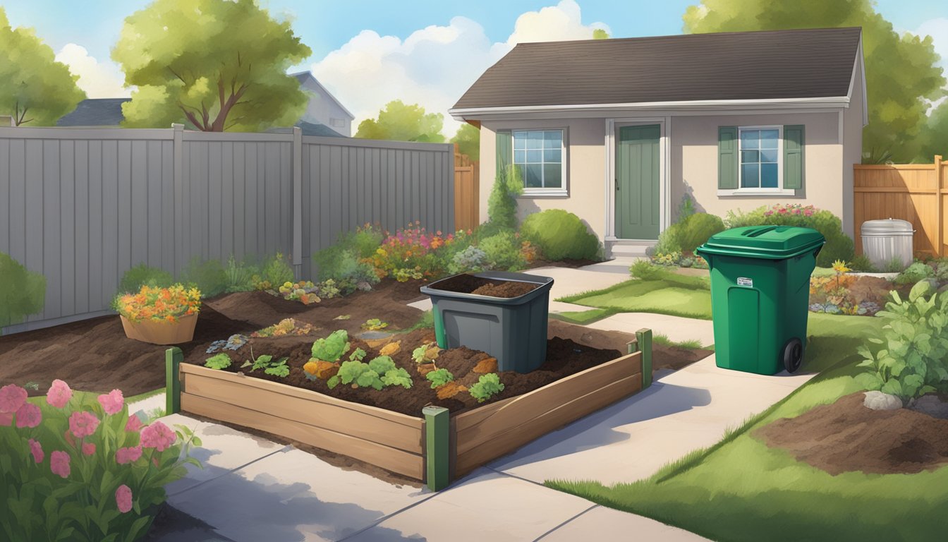 A backyard with a compost bin, shovel, and various organic waste materials surrounded by a suburban neighborhood in West Jordan, Utah