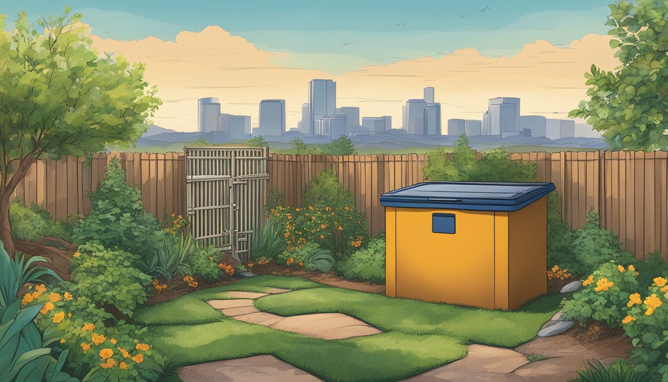 A backyard compost bin nestled among greenery with a backdrop of the West Jordan, UT skyline, showcasing the integration of environmental considerations into composting practices