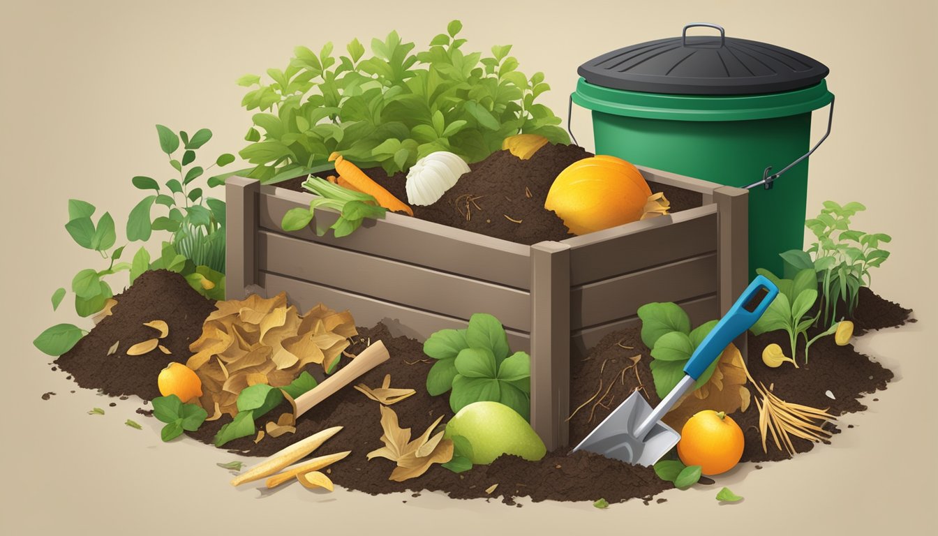 A backyard compost bin surrounded by a variety of organic waste materials, such as fruit peels, vegetable scraps, and yard clippings. A small shovel and gardening gloves are nearby