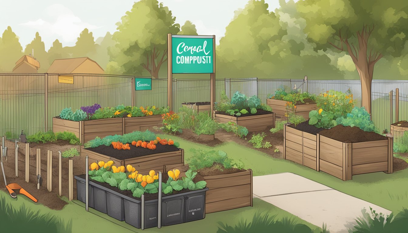 A community garden in Kent, WA, with compost bins, gardening tools, and a sign promoting local composting resources