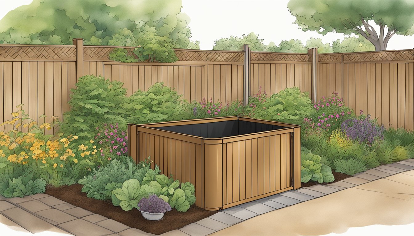 A backyard compost bin with a mix of green and brown materials, surrounded by a garden and a fence in Kent, WA