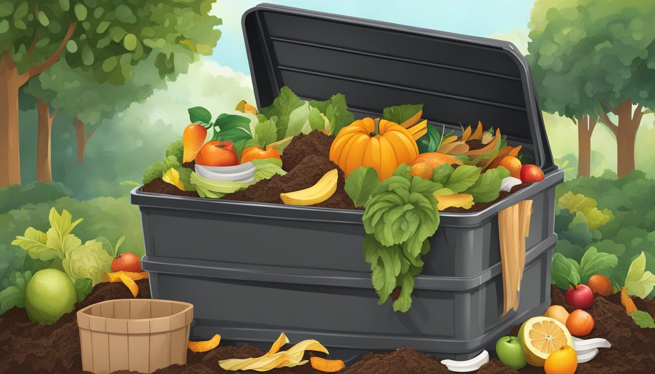 A backyard compost bin surrounded by a variety of organic waste, including fruit peels, vegetable scraps, and coffee grounds