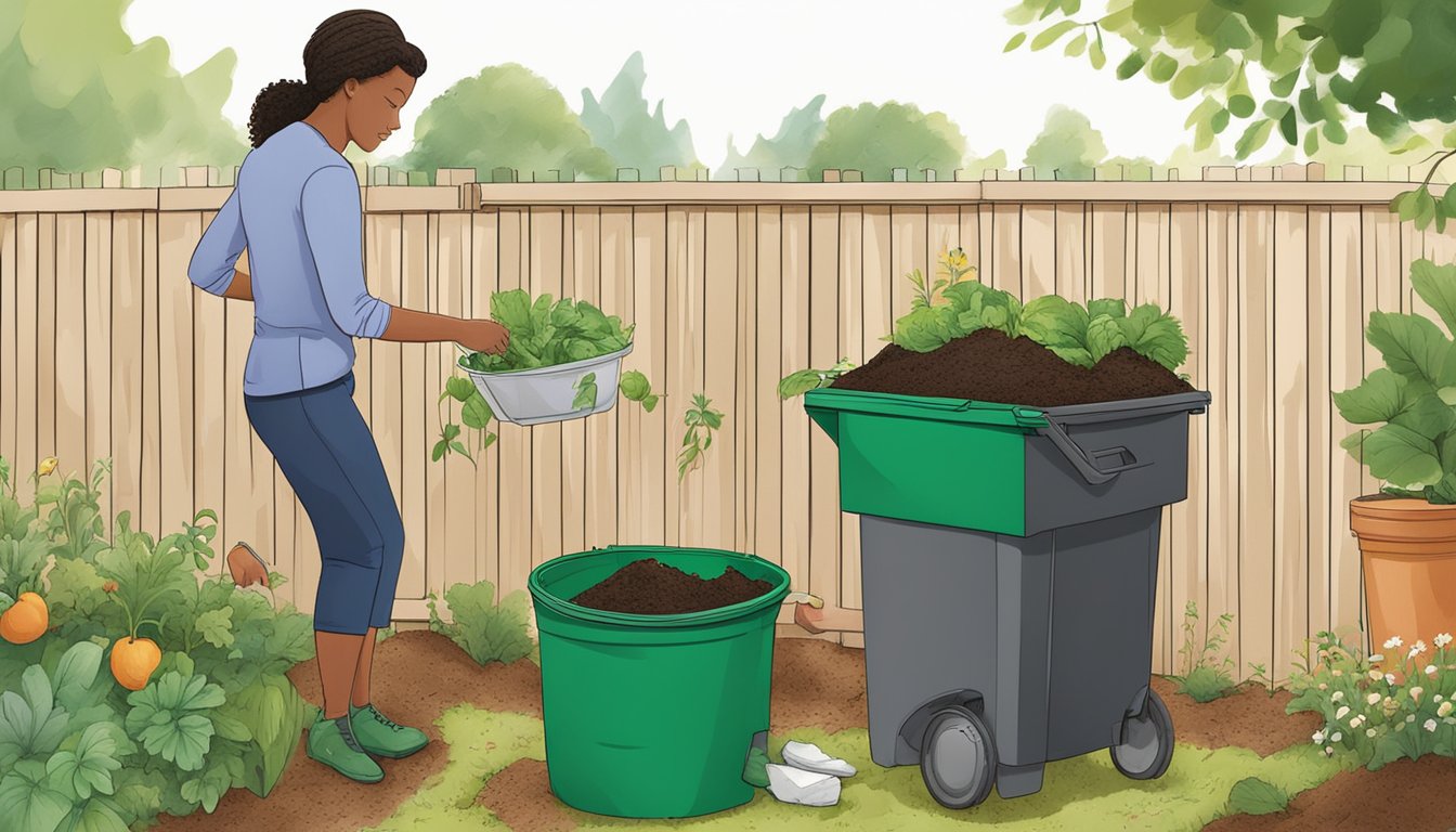 A person adding kitchen scraps to a compost bin in a backyard garden