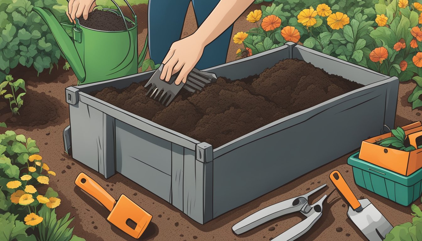 A person's hand mixing compost in a garden bed, surrounded by various gardening tools and a compost bin in Tyler, TX