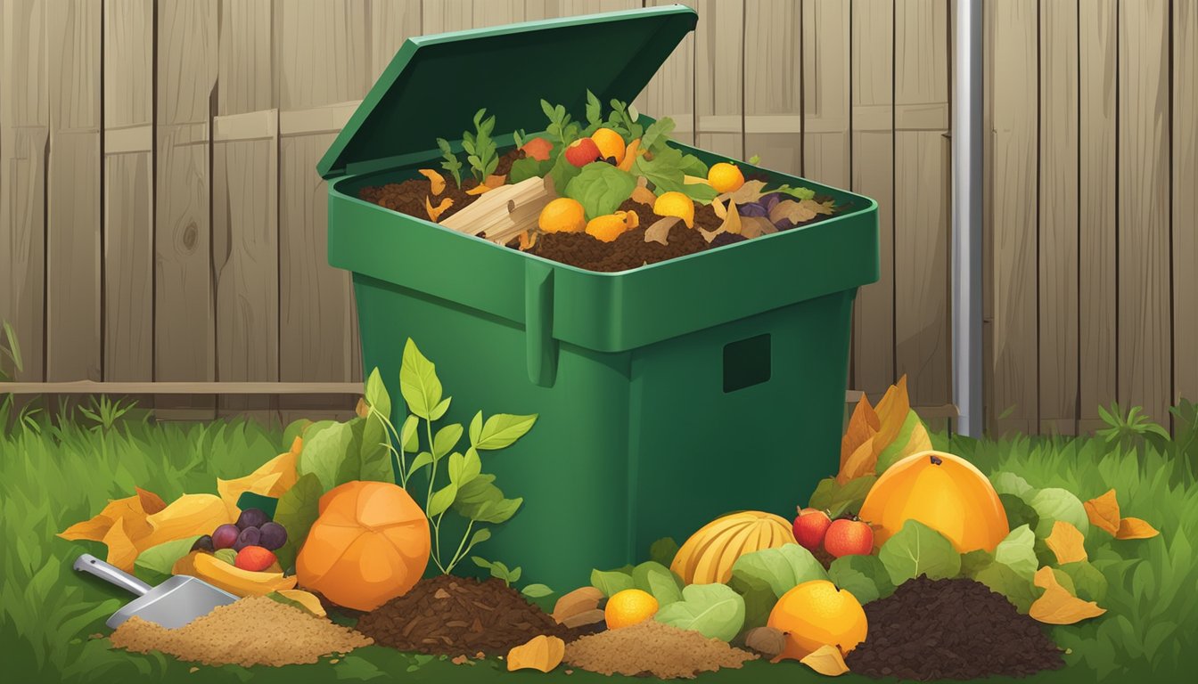 A backyard compost bin surrounded by various organic waste materials, such as fruit peels, leaves, and grass clippings, with a shovel nearby