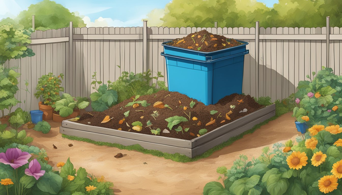 A backyard compost bin surrounded by a variety of organic waste, with a small garden in the background and a clear blue sky above