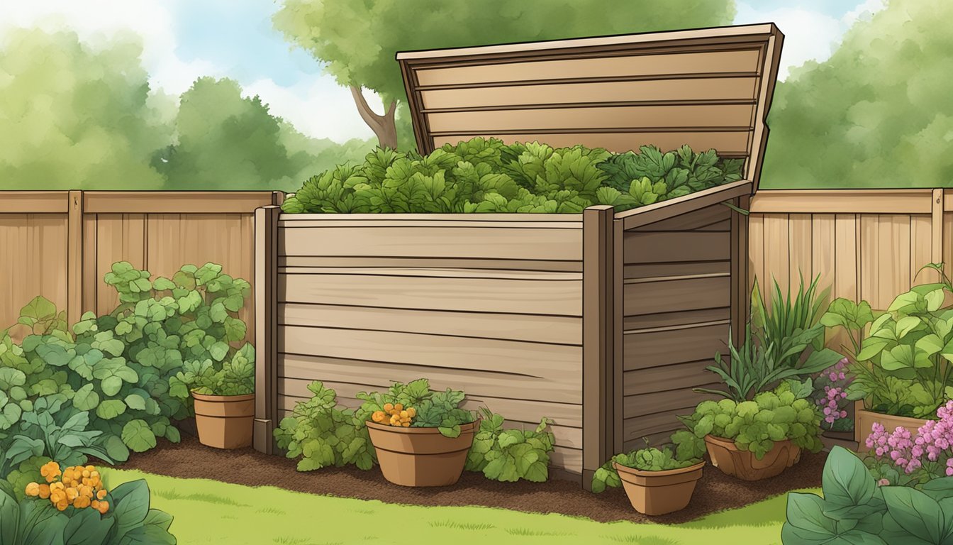 A backyard compost bin with layers of green and brown materials, surrounded by a lush garden in Chesapeake, VA