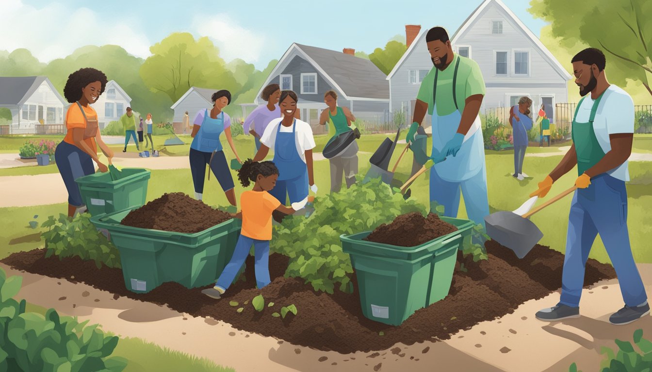 A diverse group of people in Chesapeake, VA work together to compost, with bins, shovels, and green waste scattered around a community garden