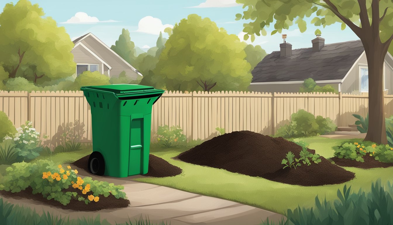 A backyard in Provo, UT with a compost bin, green and brown organic waste, and a shovel for turning the compost