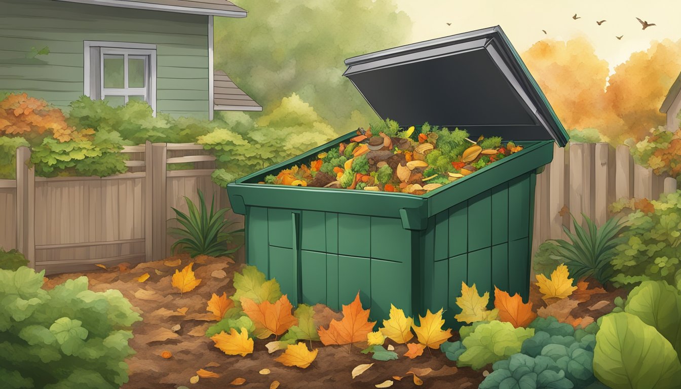 A backyard compost bin surrounded by greenery and a small garden in Spokane, WA. Fallen leaves and kitchen scraps are being added to the compost pile