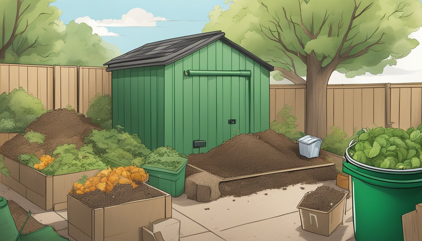 A backyard with a green compost bin surrounded by piles of yard waste and a guide to composting in Provo, Utah