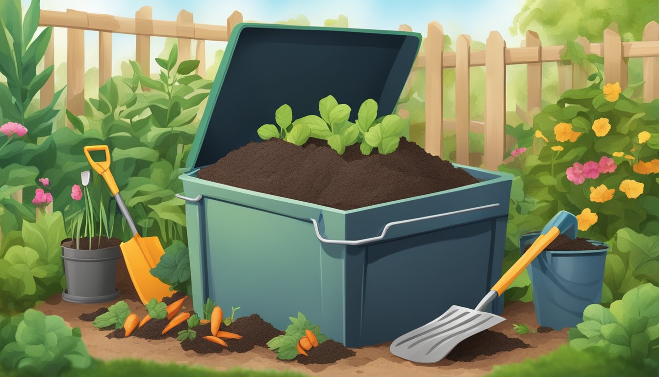 A backyard compost bin surrounded by a variety of organic waste, with a shovel and gardening gloves nearby. A small garden with thriving plants in the background