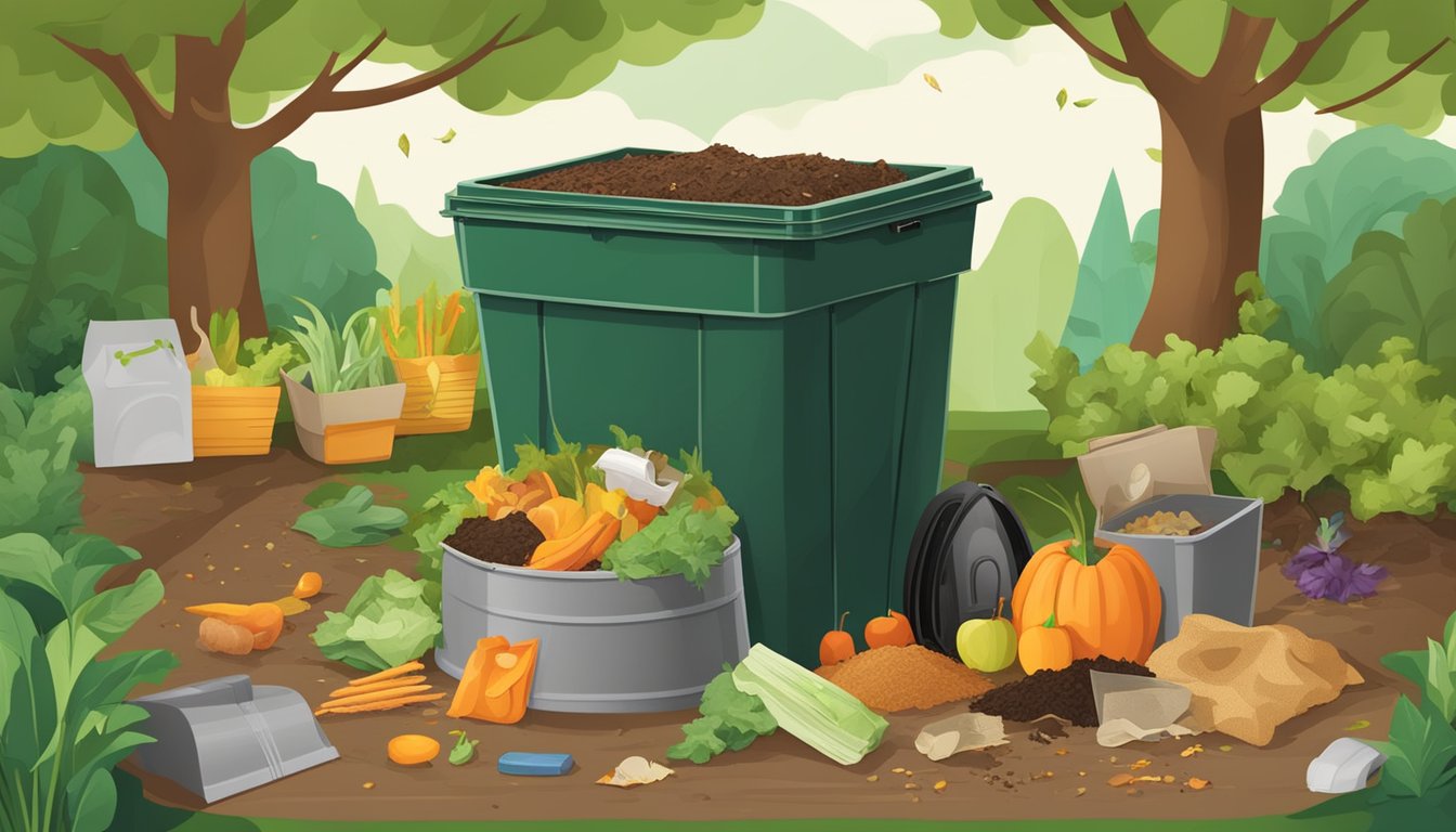 A backyard compost bin surrounded by various special waste items such as food scraps, yard waste, and paper products, with a guidebook on composting nearby