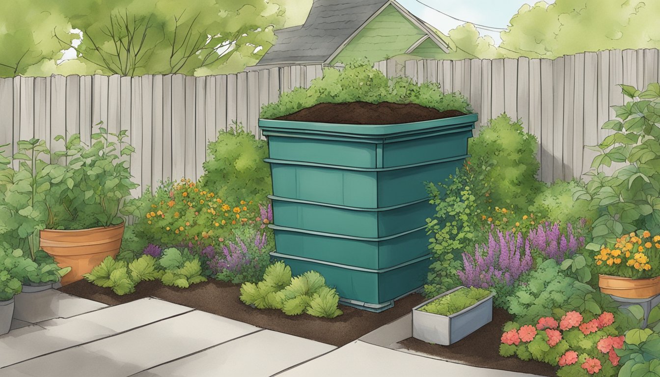 A backyard compost bin surrounded by greenery and a small garden in Spokane, WA